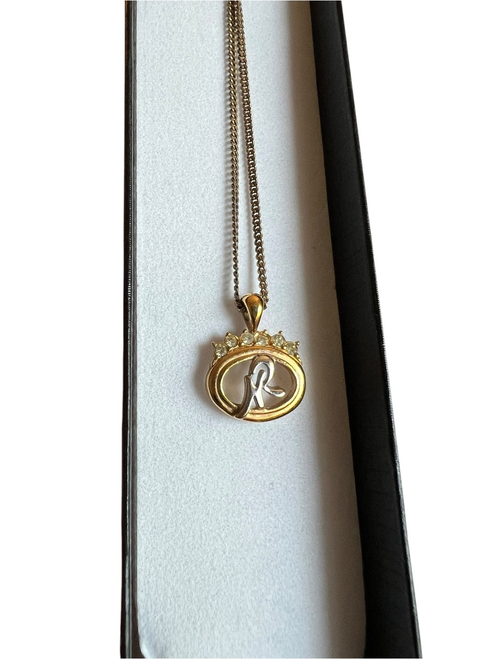 Vintage Nina Ricci Gold Plated Rhinestone Crown NR Logo Pendant Necklace